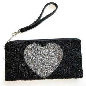 Expressions NYC‎ Black Clutch Purse w/ Silver Heart Valentines FLAWLESS